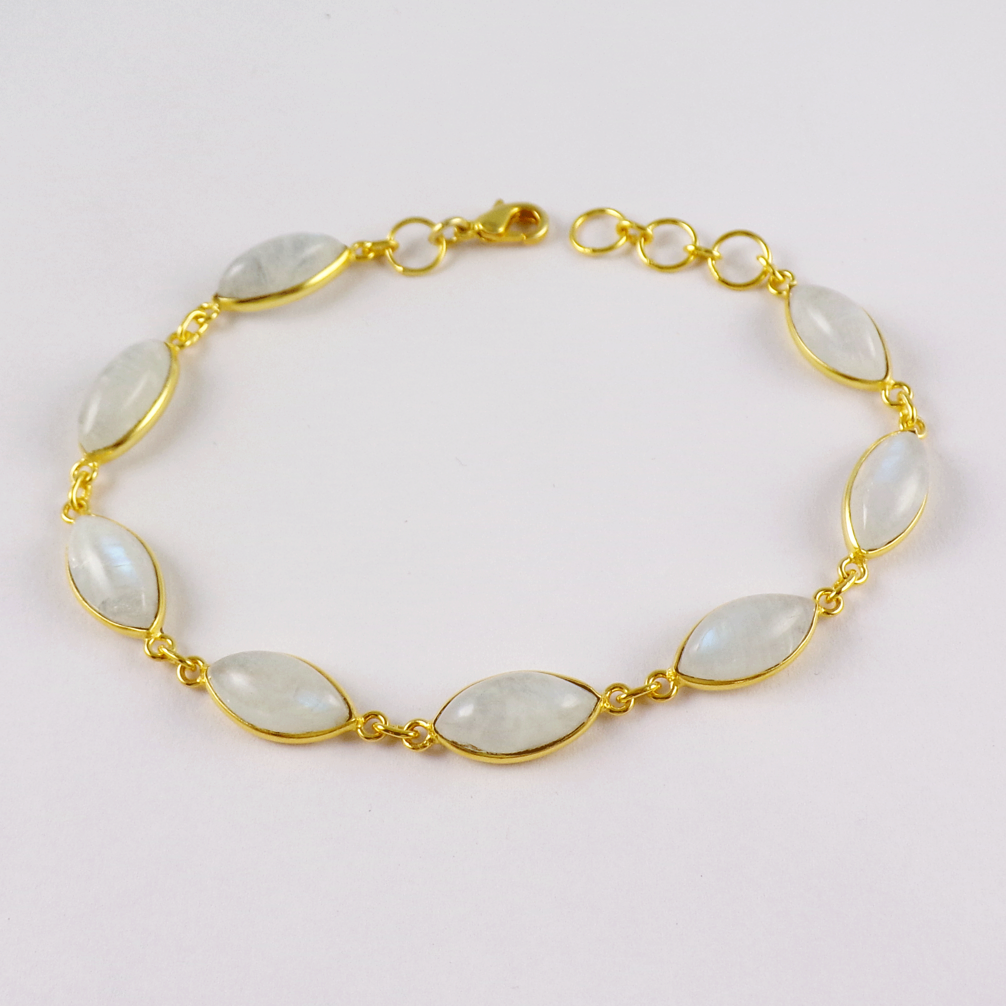 Natural Rainbow Moonstone Brass Bracelet T - BZB999 18K Gold Plated Cab Marquise Shape 6x12mm Bezel Setting Brass Bracelet
